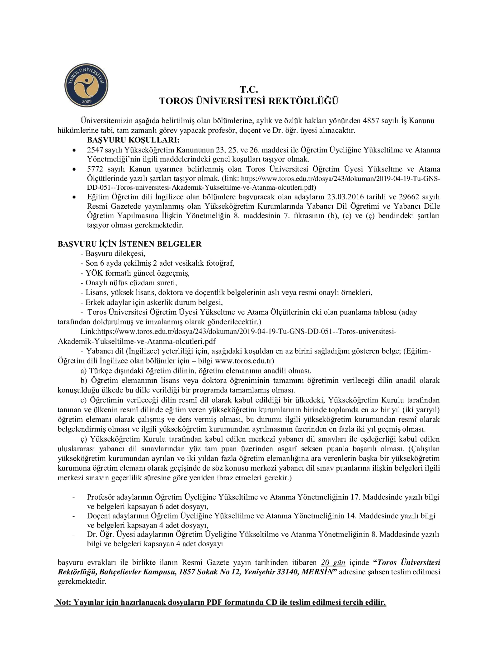 TOROS ÜNİVERSİTESİ ÖĞRETİM ÜYESİ İLANI - 25 Nisan 2020 Tarihli ve 31109 Sayılı Resmi Gazete