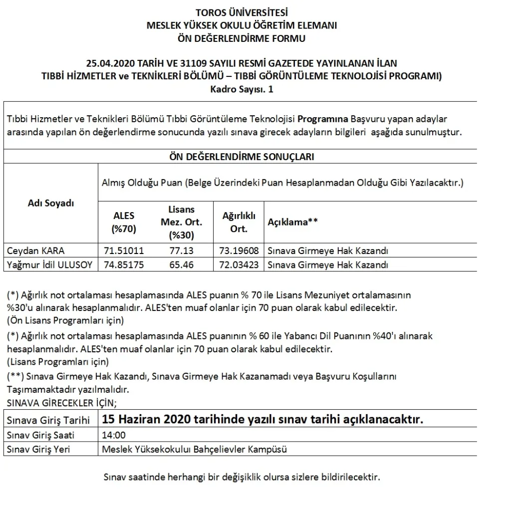 TOROS ÜNİVERSİTESİ MESLEK YÜKSEKOKULU TIBBİ GÖRÜNTELEME TEKNİKLERİ PR. ÖĞRETİM GÖREVLİSİ ÖN DEĞERLENDİRME DÜZELTME- 25 Nisan 2020 Tarihli ve 31109 Sayılı Resmi