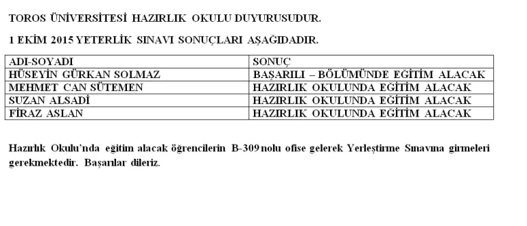 Hazırlık Okulu 1 Ekim Yeterlik Sınav Sonuç duyurusu