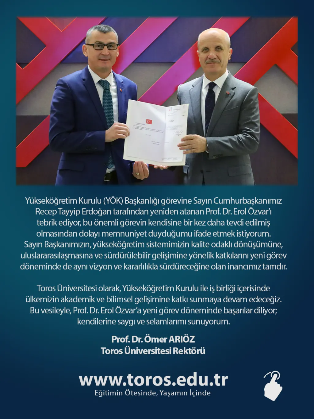 Rektörümüz Prof. Dr. Ömer Arıöz’den YÖK Başkanı Prof. Dr. Erol Özvar’a Tebrik Mesajı