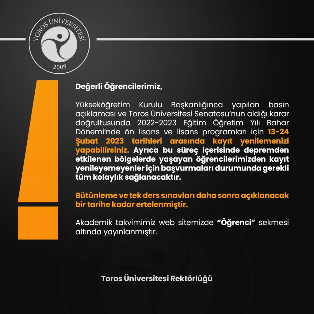 2022-2023 Yılı Bahar Yarıyılı Ders Kaydı ve 2022-2023 Güz Yarıyılı Bütünleme Sınavlarına İlişkin Duyuru