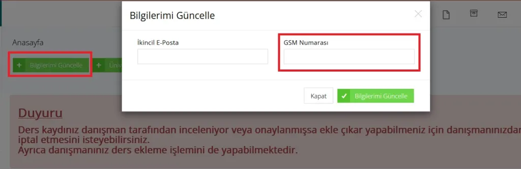 Öğrenci Bilgi Sisteminde Telefon Numarası Bilgilerinin Güncellenmesi