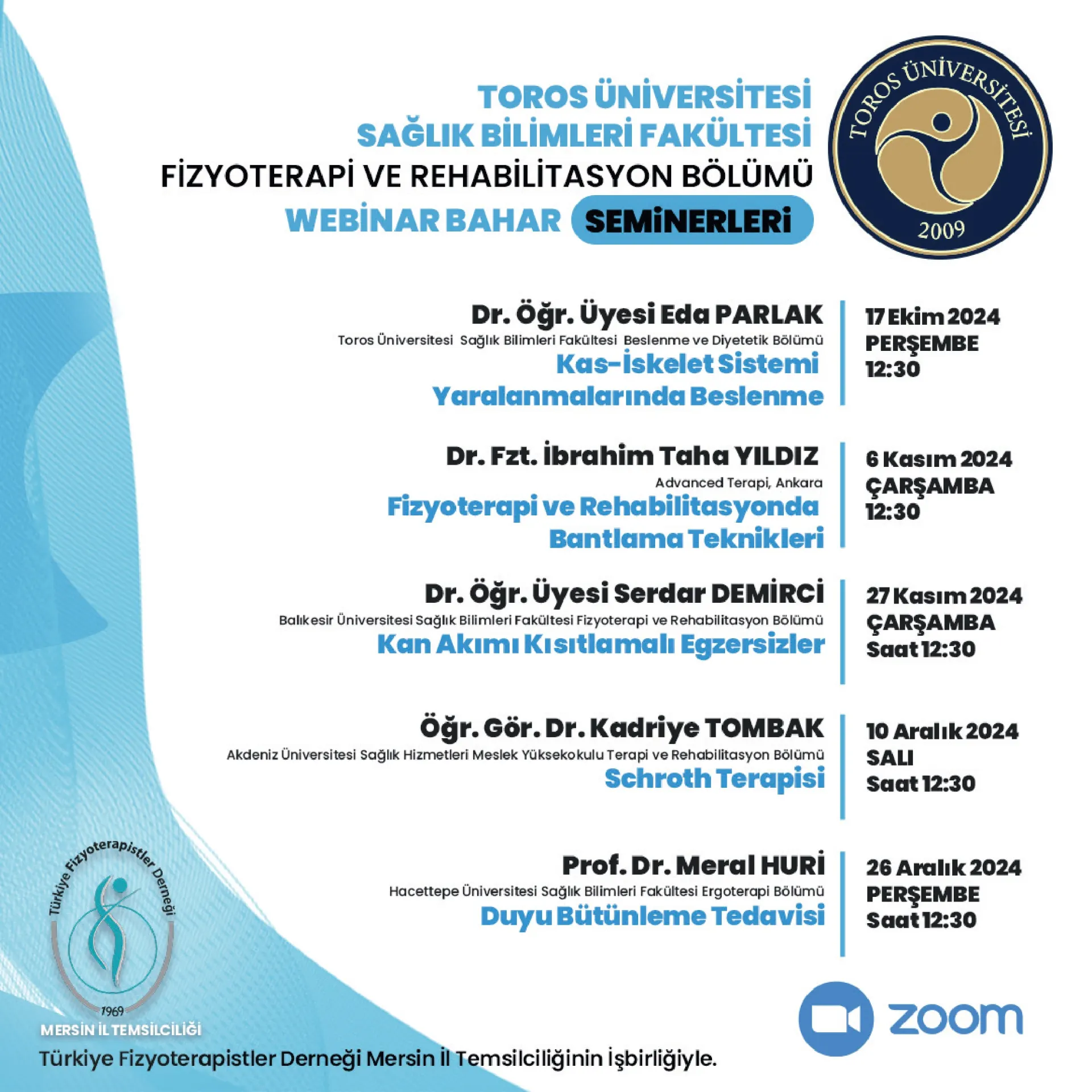 Fizyoterapi ve Rehabilitasyon Bölümü Bahar Seminerleri Güz Dönemi Programı