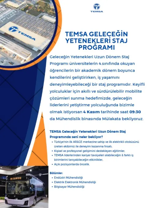 📢 DUYURU TEMSA Geleceğin Yetenekleri Uzun Dönem Staj Programı 📢 DUYURU TEMSA Geleceğin Yetenekleri Uzun Dönem Staj Programı